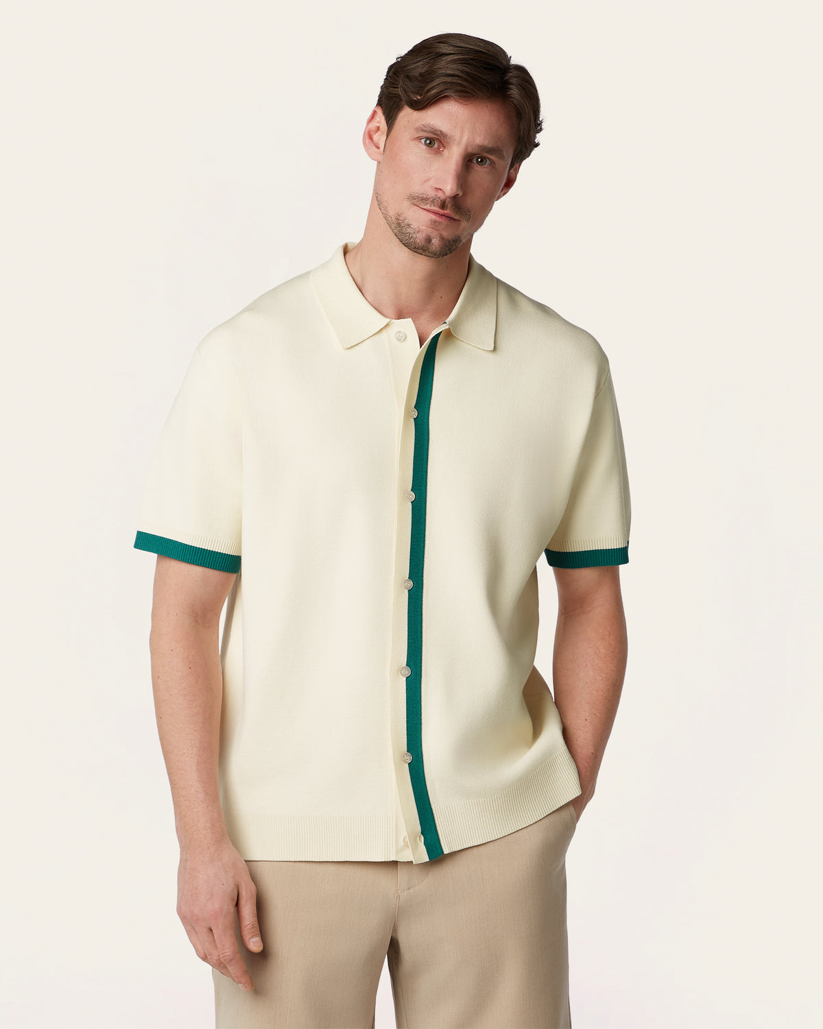 Jacquard Short Sleeve Shirt Off White / Dark Green